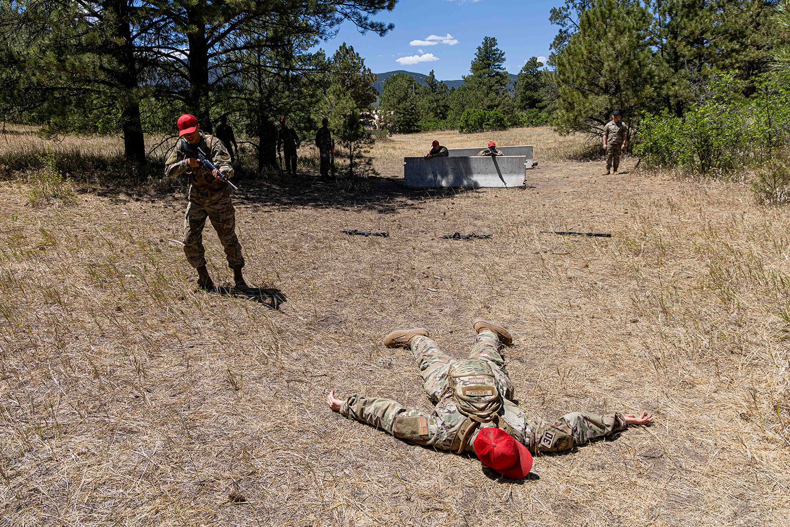 Basic cadets learn entry control point procedures during Foundational Expeditionary Skills Training at the U.S. Air Force Academy, Colo., July 20, 2026. The training teaches cadets to control access, assess potential threats and help secure an installation in a deployed environment. (U.S. Air Force photo by Trevor Cokley)