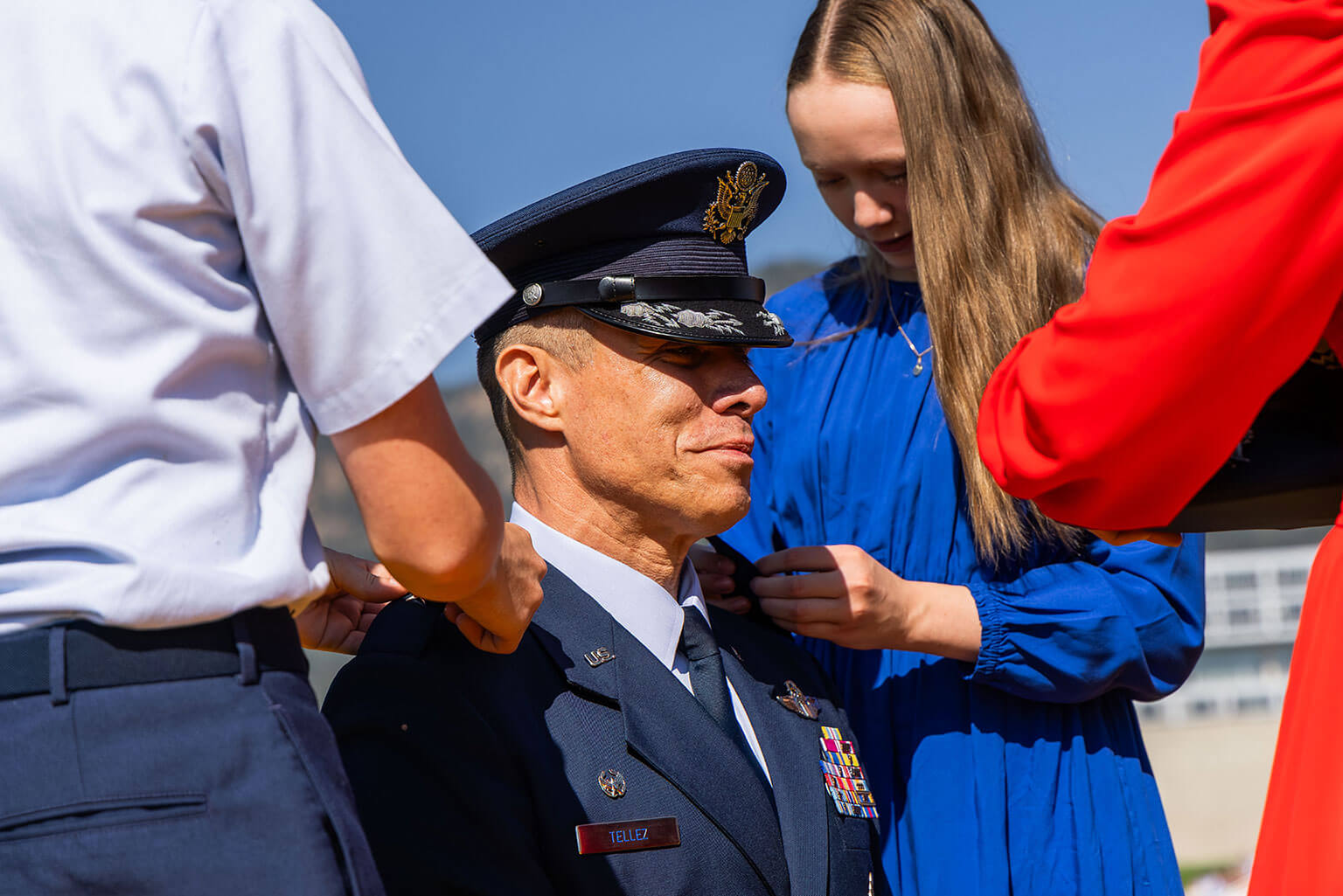 Brig. Gen. Brandon Tellez’s family pins on his first star during the Acceptance Day Parade at the U.S. Air Force Academy, Colo., Aug. 5, 2026. Tellez is the commandant of cadets and is responsible for the Academy’s military education. (U.S. Air Force photo by Trevor Cokley)