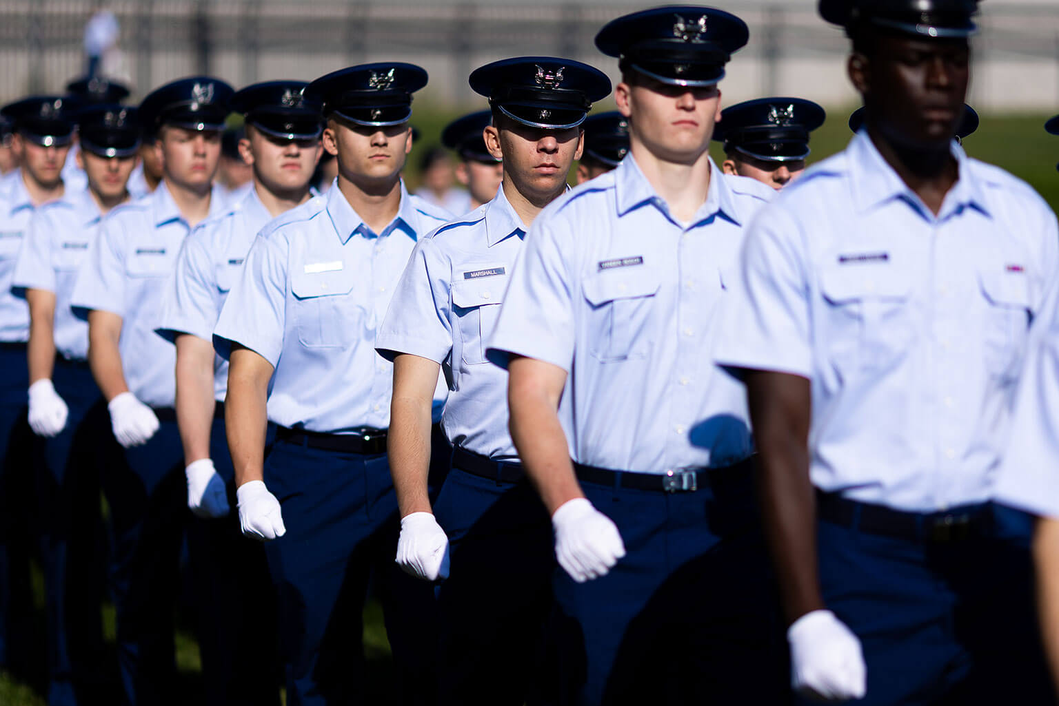 Members of the Class of 2030 march on Stillman Field during the Acceptance Day Parade at the U.S. Air Force Academy, Colo., Aug. 5, 2026. The Acceptance Day Parade marks the completion of Basic Cadet Training and the formal transition of fourth-class cadets into the Cadet Wing. (U.S. Air Force photo by Ray Bahner)