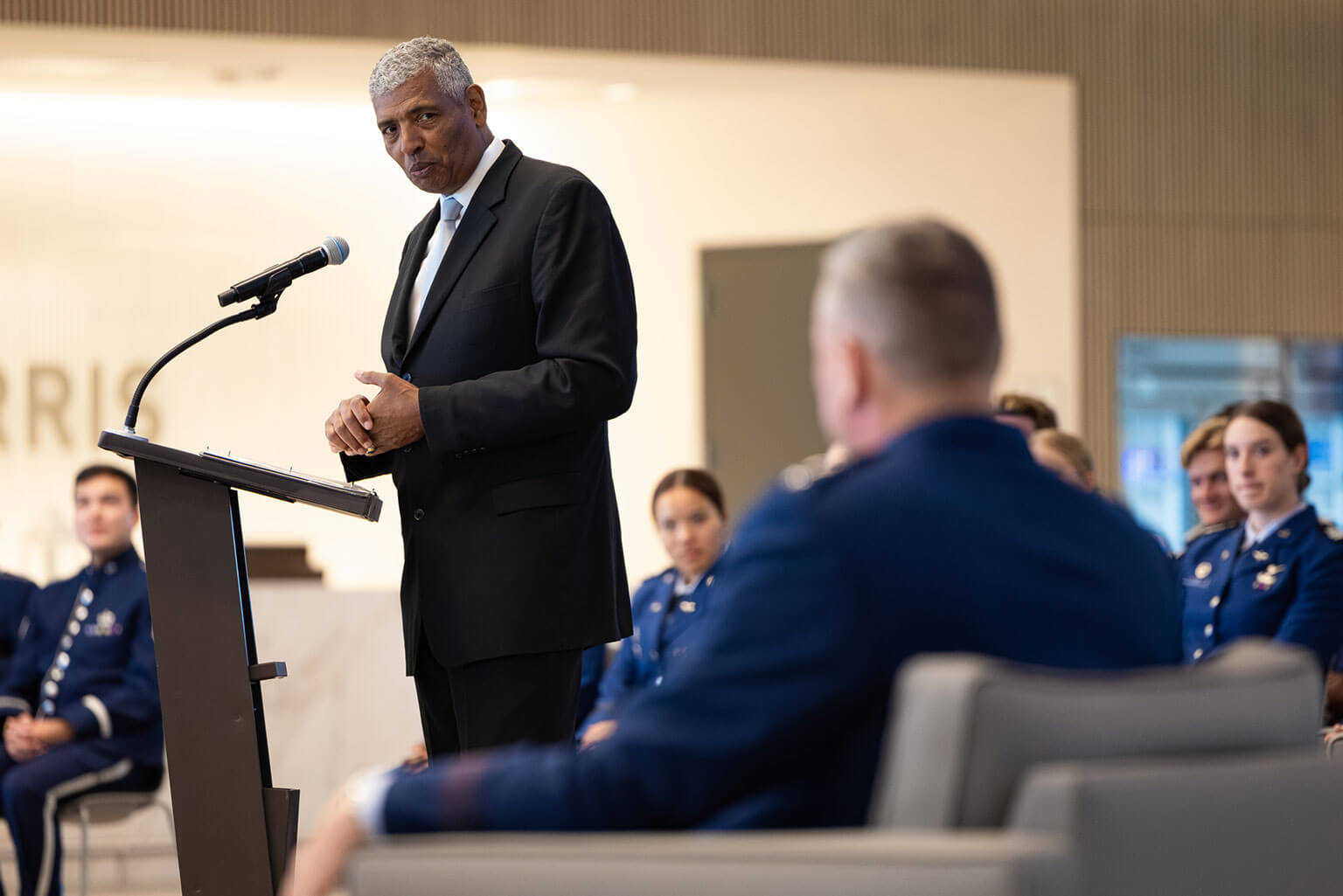 Retired U.S. Army Gen. Vincent K. Brooks, left, speaks about Lt. Gen. Tony D. Bauernfeind during Bauernfeind's retirement ceremony at the U.S. Air Force Academy, Colo., Aug. 7, 2026. Gen. Brooks described Lt. Gen. Bauernfeind as a deeply experienced combat leader and air commando who was consistently chosen for the hardest, high-risk assignments.