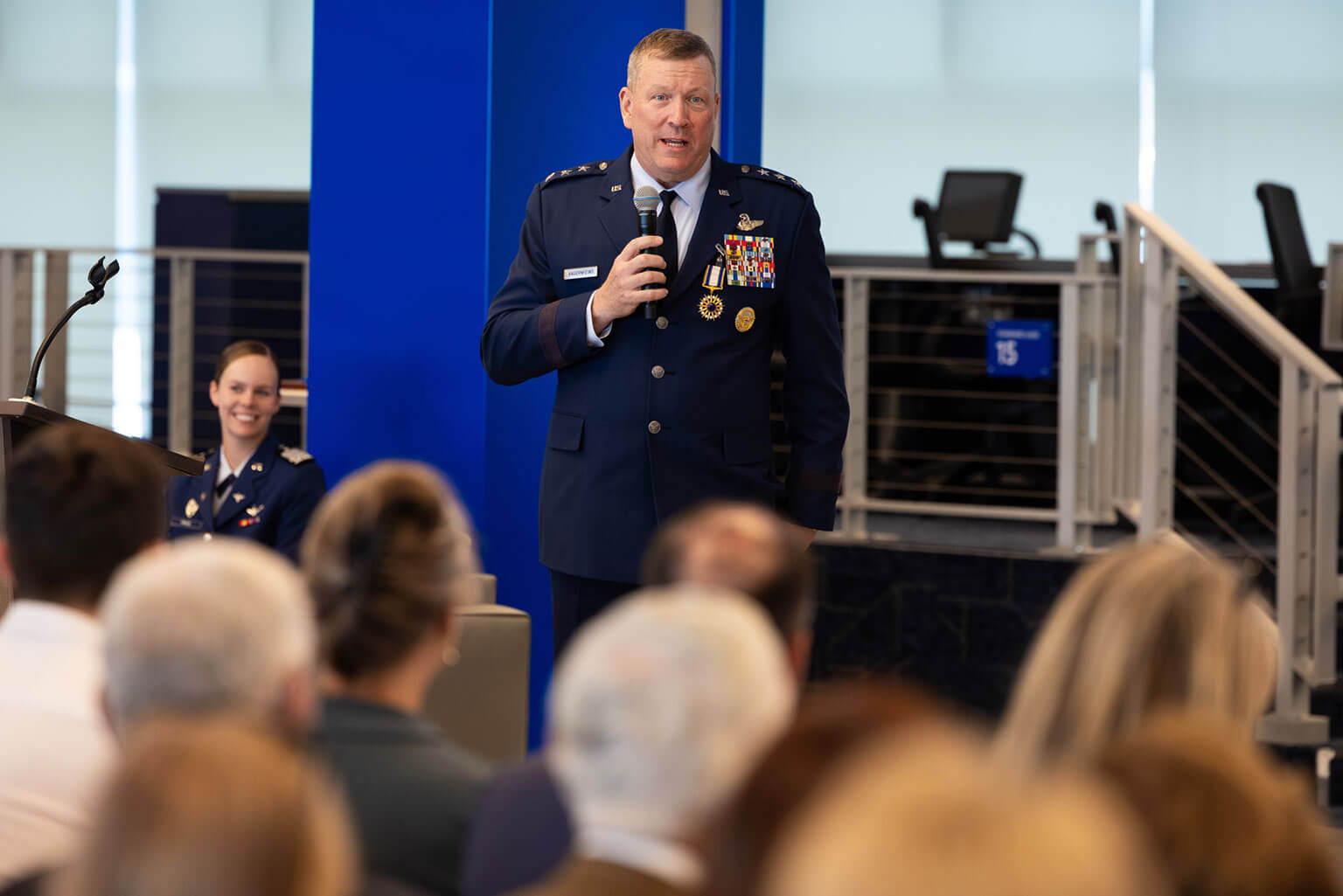 Following a morning change of command ceremony, Lt. Gen. Tony D. Bauernfeind speaks during his retirement ceremony at the U.S. Air Force Academy, Colo., Aug. 7, 2026. His final address centered on the need for the next generation of warfighters to be mentally, physically, and spiritually prepared for their service.
