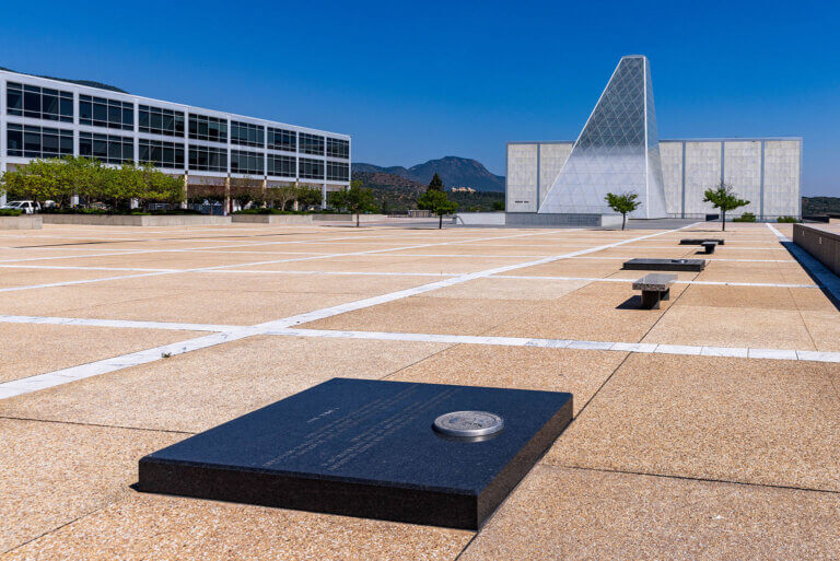 View of the U.S. Air Force Academy's Honor Court, Harmon, Polaris and Arnold Hall are in the background, looking northwest.