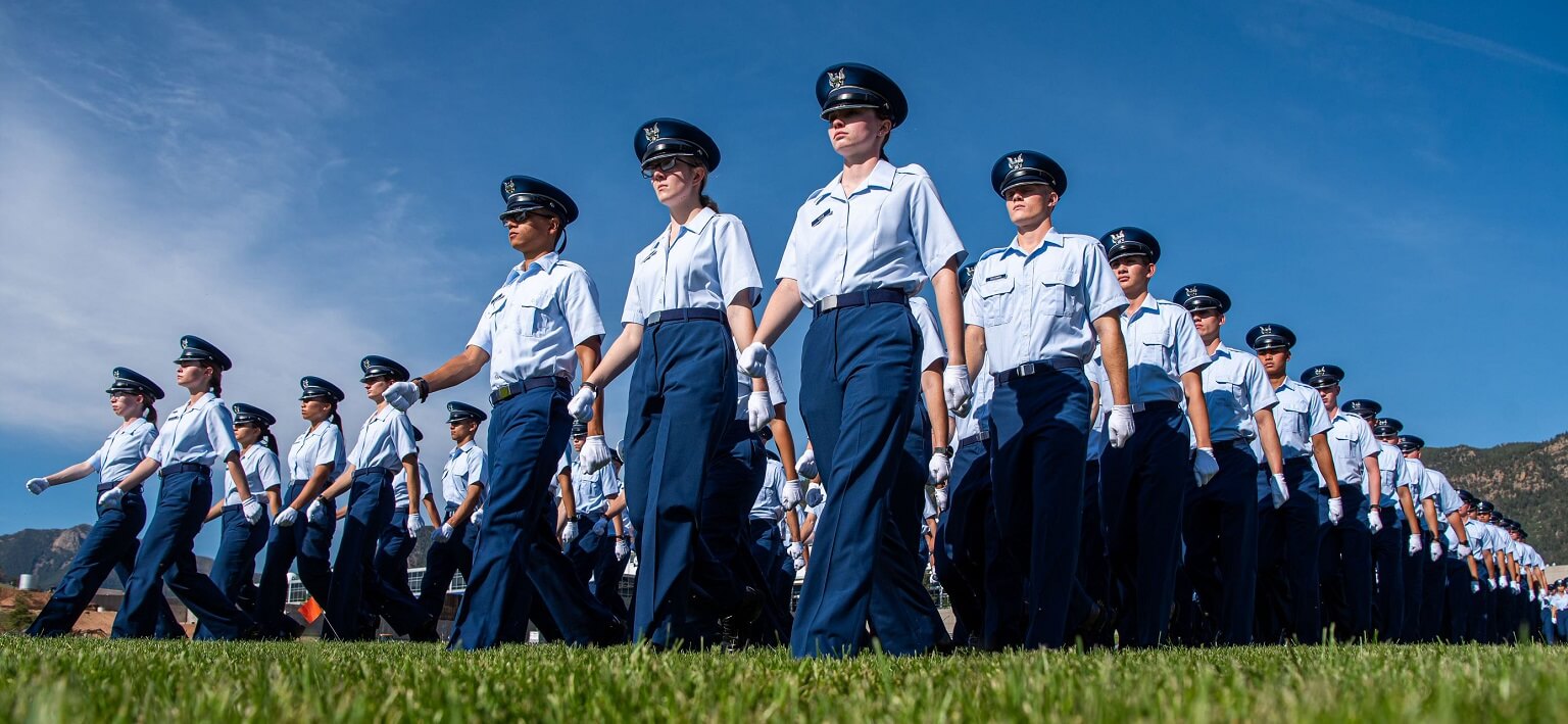 Cadets march in formation during the Acceptance Day parade