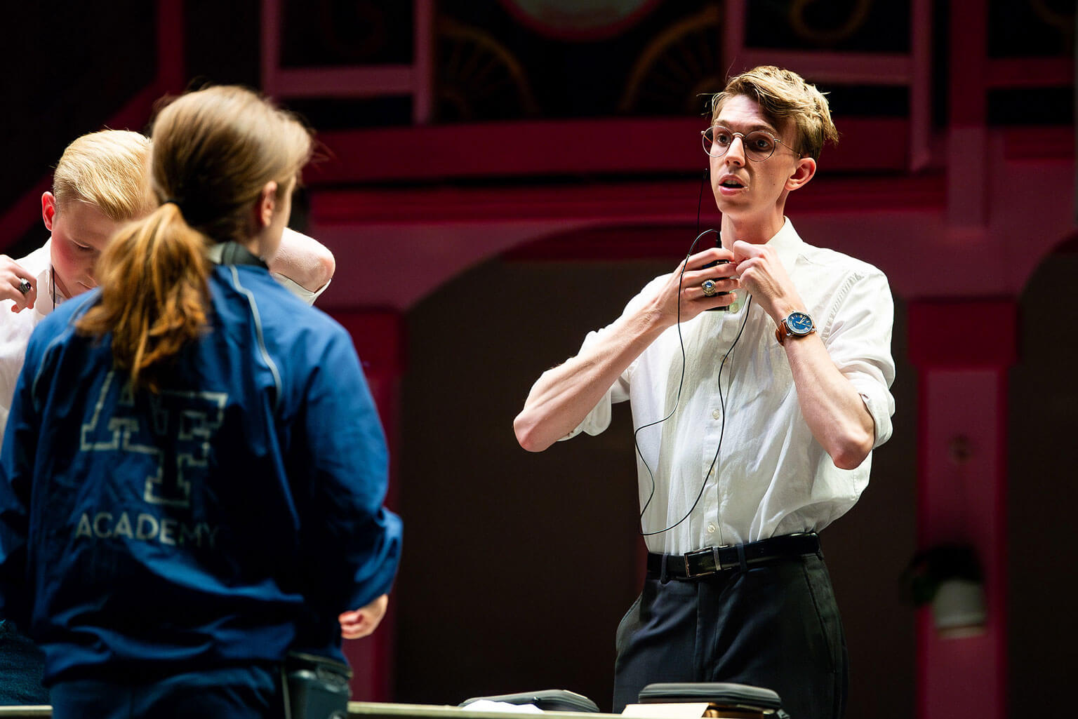 Cadet First Class Sawyer Stone during dress rehearsal for “Legally Blonde: The Musical” in the Arnold Hall Theatre, U.S. Air Force Academy.
