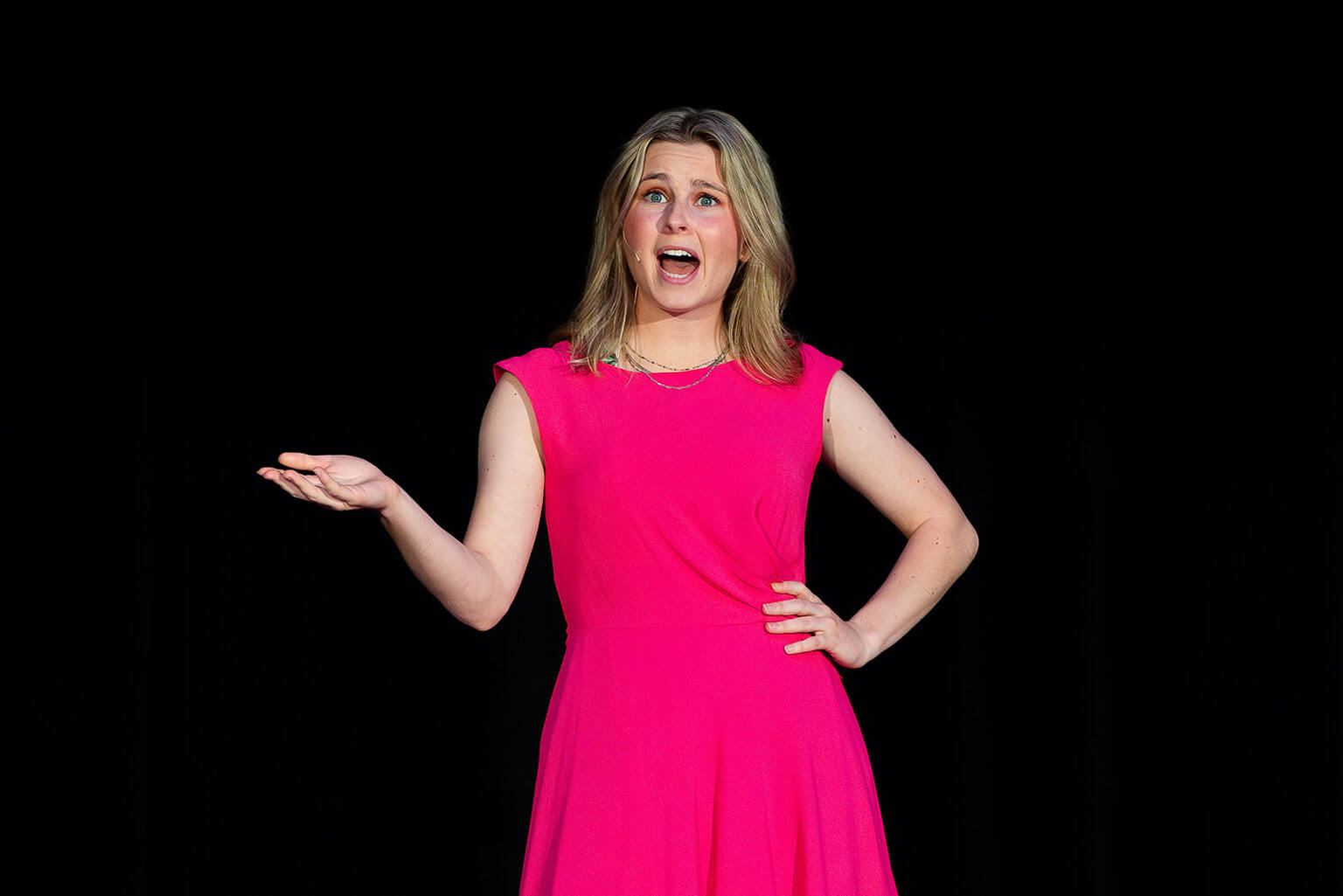 Cadet 2nd Class Elayna Caron, rehearses “Legally Blonde: The Musical” at the Arnold Hall Theatre, U.S. Air Force Academy.