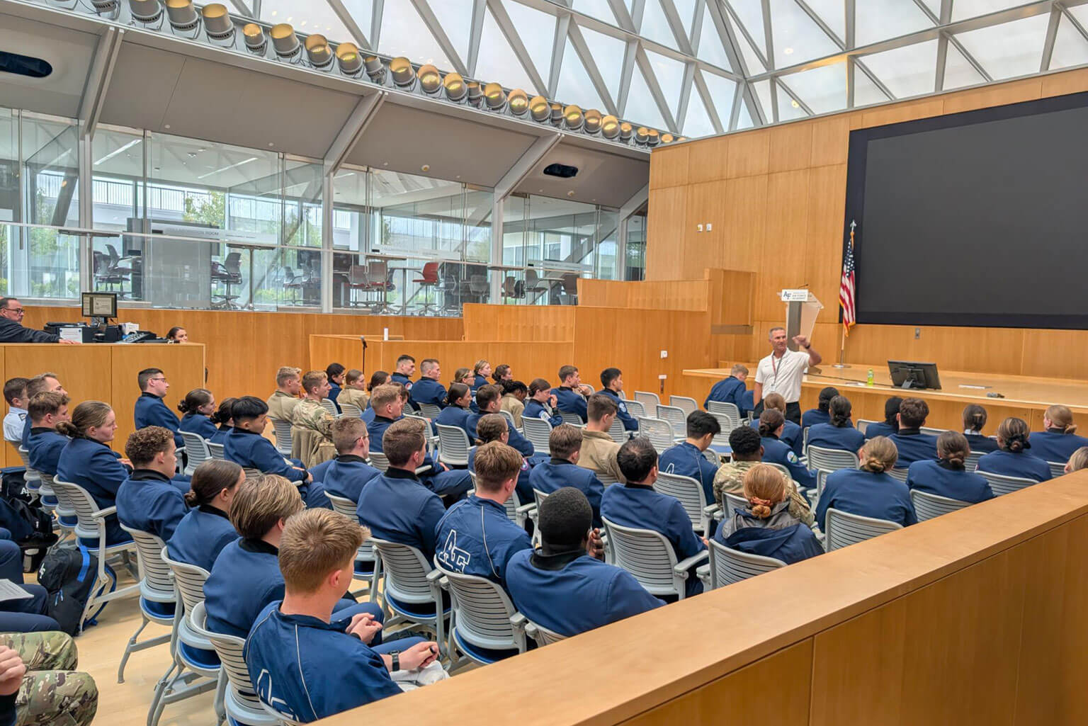 Cadets in leadership positions learn from the coaching experience of Michael Kazlausky, Air Force men's baseball coach, during a Cadet Leadership Enrichment Seminar (CLES) at the U.S. Air Force Academy, Sept. 24, 2025. This recurring seminar equips cadet commanders with the tools to build and motivate effective teams while serving in their key leadership roles at the Academy. (Courtesy photo provided by Maj. Tara Holmes)