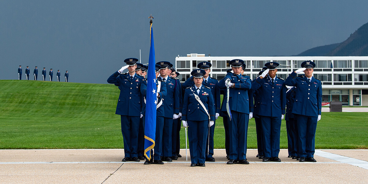 Cadets in marching drills on the Terrazzo at the U.S. Air Force Academy.