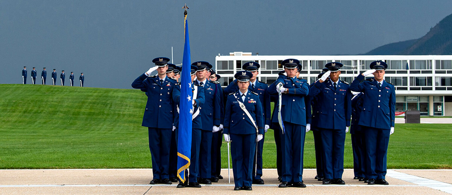 Cadets in marching drills on the Terrazzo at the U.S. Air Force Academy.