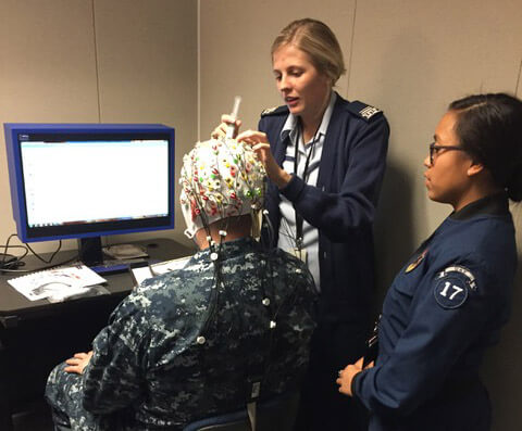 Cadets set up an EEG to monitor brain activity