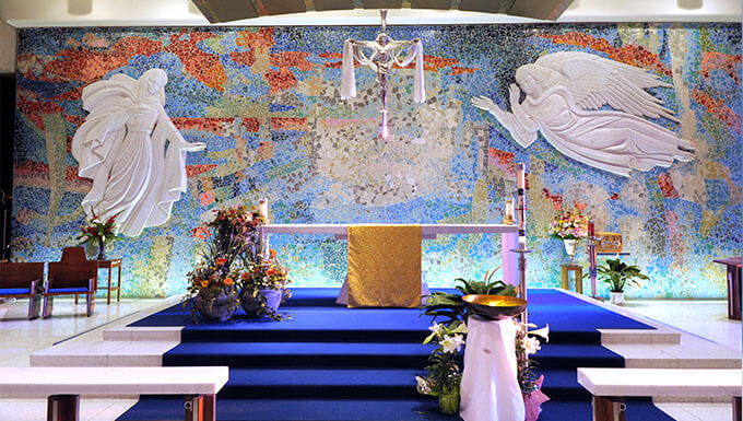 Image of a Catholic service in the cadet chapel at the U.S. Air Force Academy.