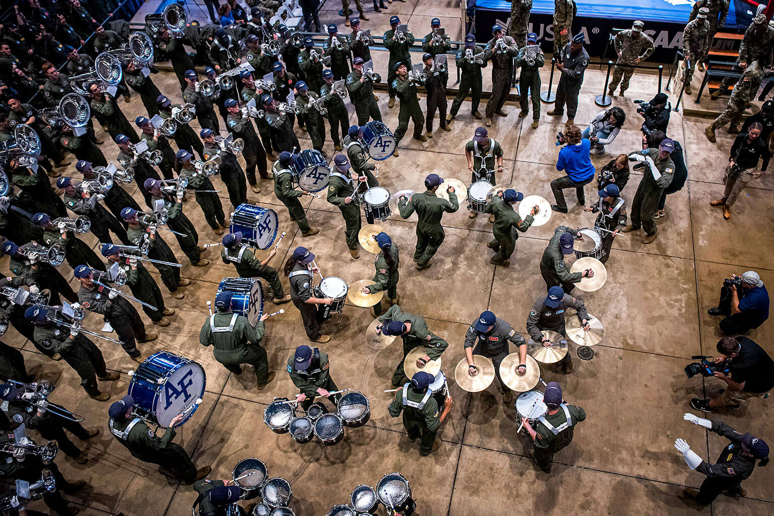 Drum & Bugle Corps members playing at Falcon Stadium.