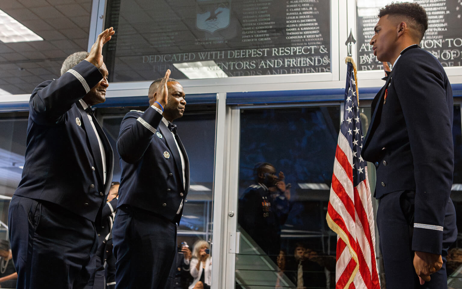 Cadet Flowers swearing in at a commissioning ceremony.