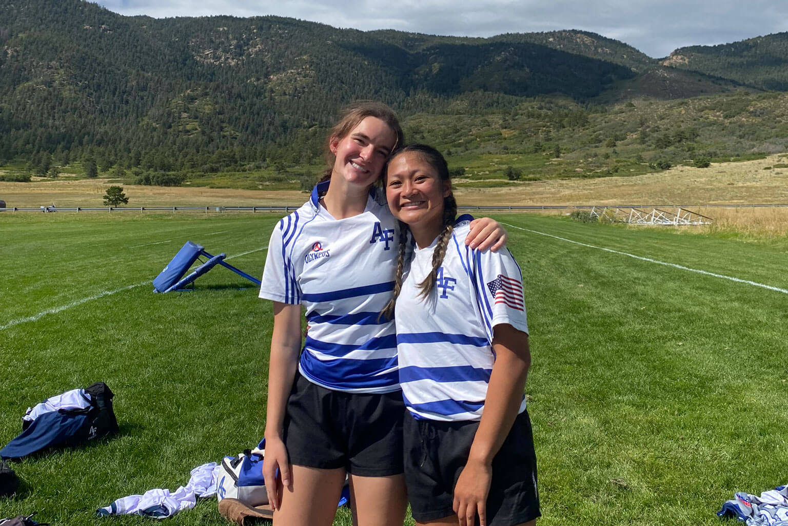 Women’s Rugby Team members, Cadets 1st Class Alexandra Skeen and Dana Balmas pose for a photograph, U.S. Air Force Academy. Skeen will pursue two years of graduate studies at Oxford University, England, as the recipient of the Holaday Scholarship. (Photo courtesy of Cadet 1st Class Alexandra Skeen)