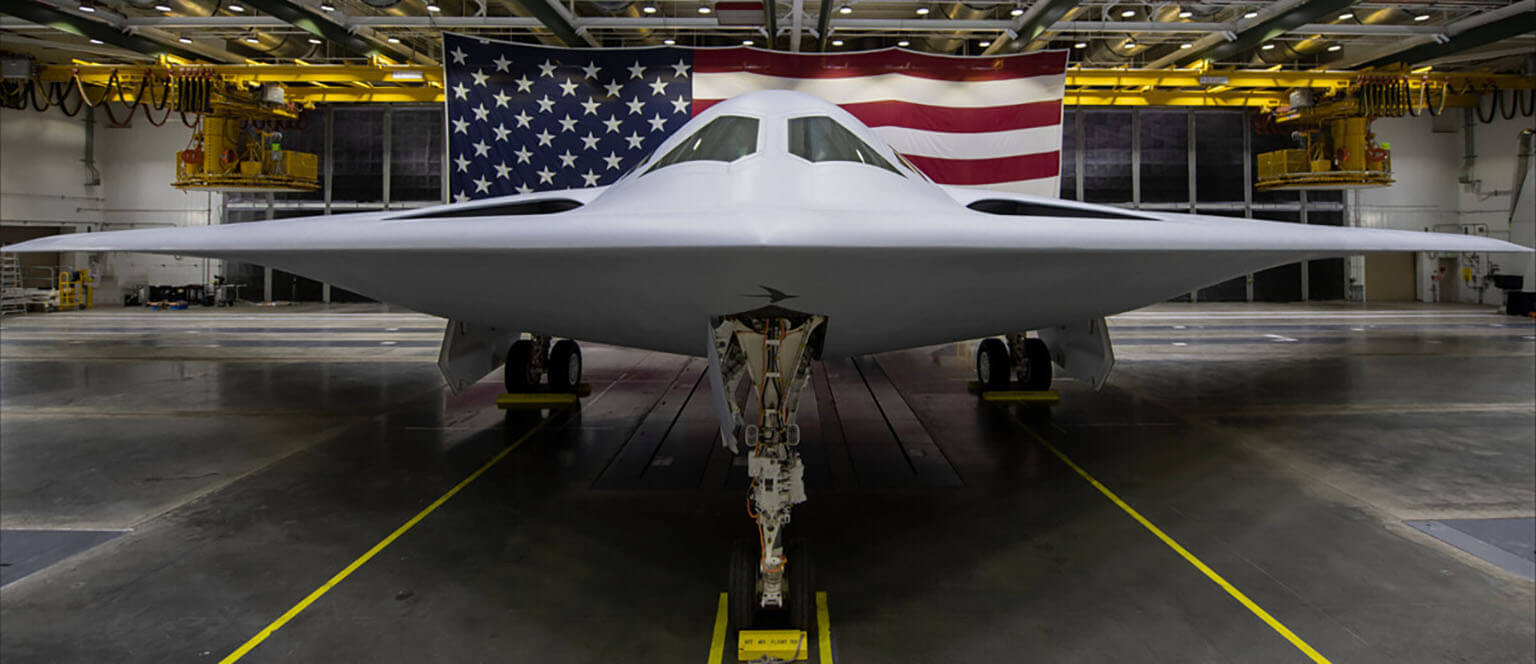 Modern bomber in a hangar.