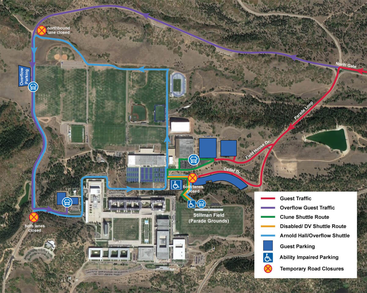 Shuttle locations and parking for the Parents' Weekend Parade ceremony.