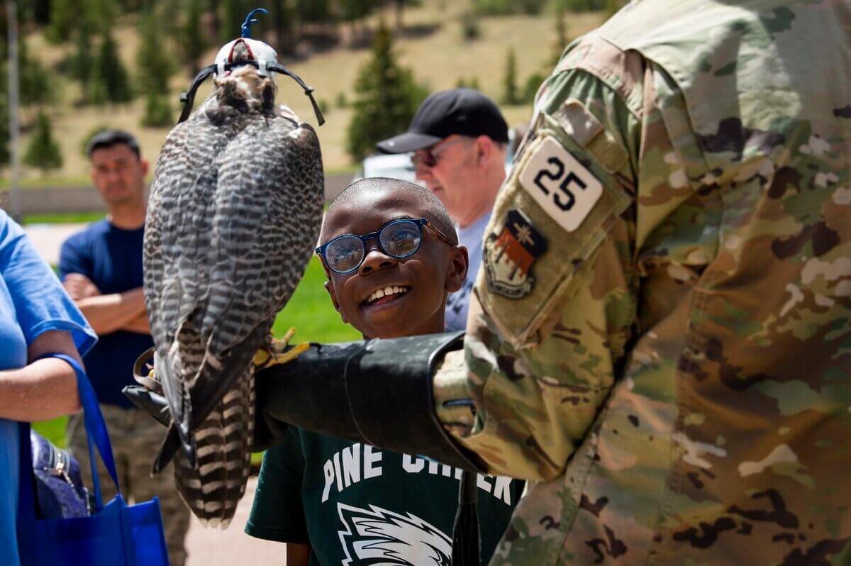 Ziva, a hybrid Gyr-Saker falcon, spreads hers wings and delights guests at the Planetarium reopening on May 7, 2022.