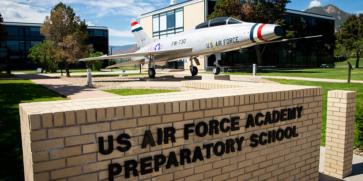 static display of an f-100 at the U.S. Air Force Academy Prep School.