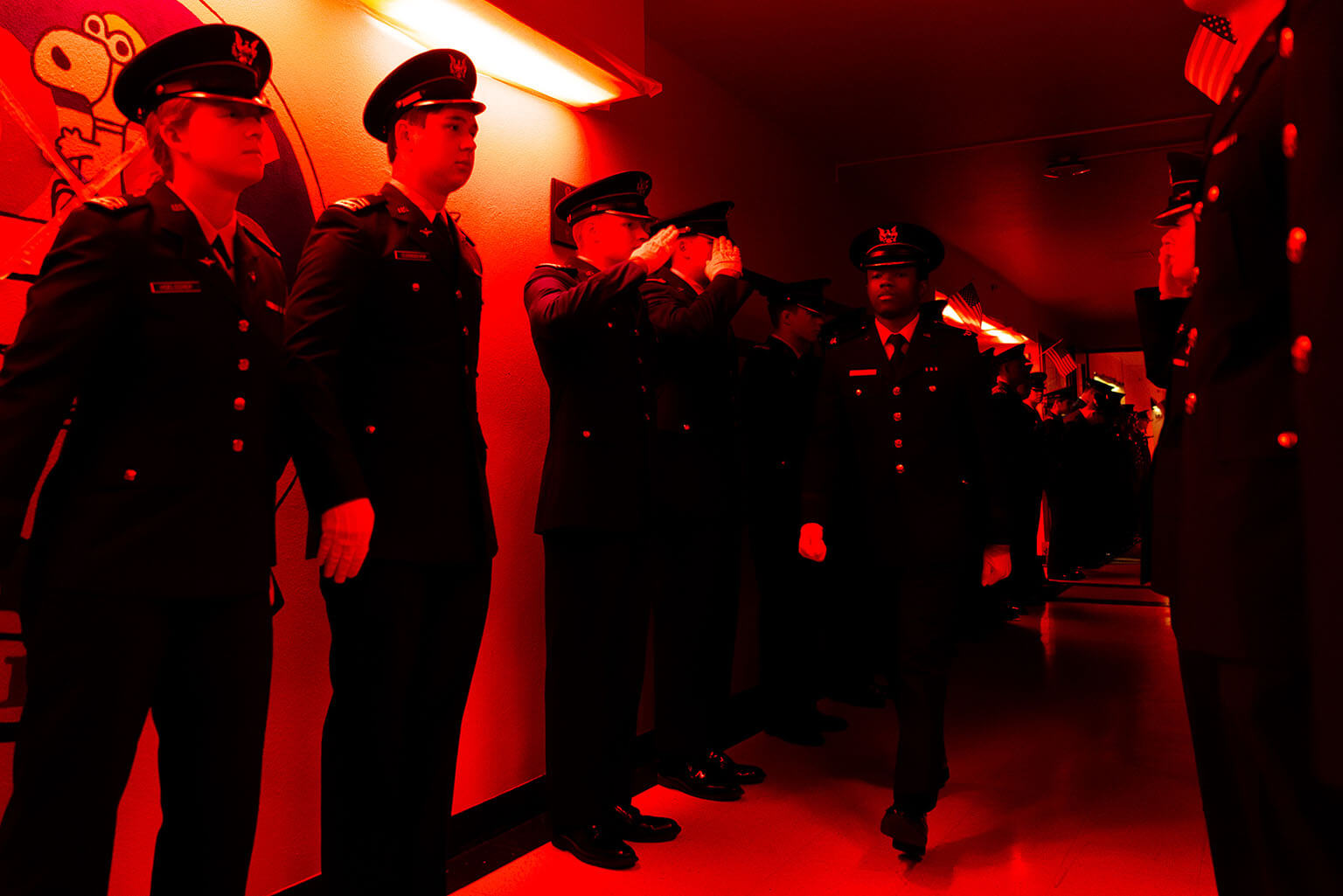 Cadet 4th Class Raul Arnaldo moves forward to accept his new cadet rank during the U.S. Air Force Academy inaugural Recognition and Promotion Ceremony at Sijan Hall.