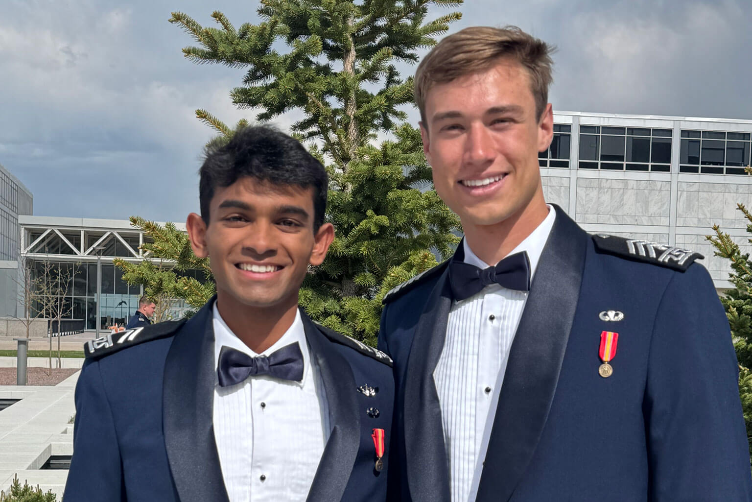 Cadets 1st Class Robert J. Miller and Anirvin Puttur, recipients of the Rhodes Scholarship, pose for a photograph prior to attending Ring Dance at the U.S. Air Force Academy, May 23, 2025. Miller and Puttur are the Academy’s 45th and 46th Rhodes Scholars. (Photo courtesy of Cadet 1st Class Robert J. Miller)