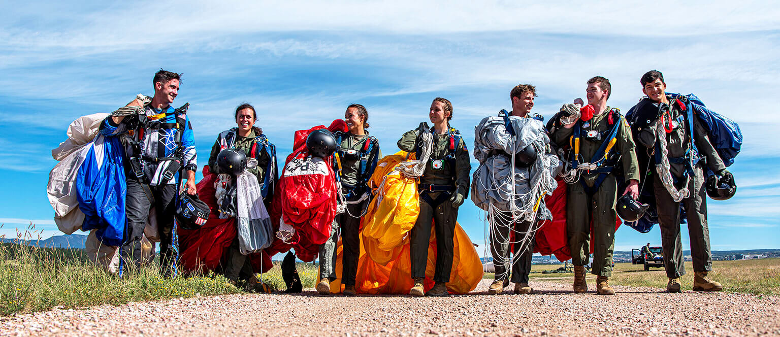 Cadets walking on road after parachuting.