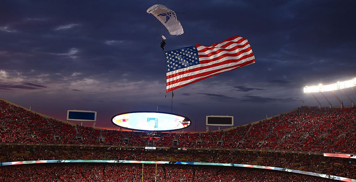 Wings of Blue parachuting into KC Chiefs Arrowhead Stadium