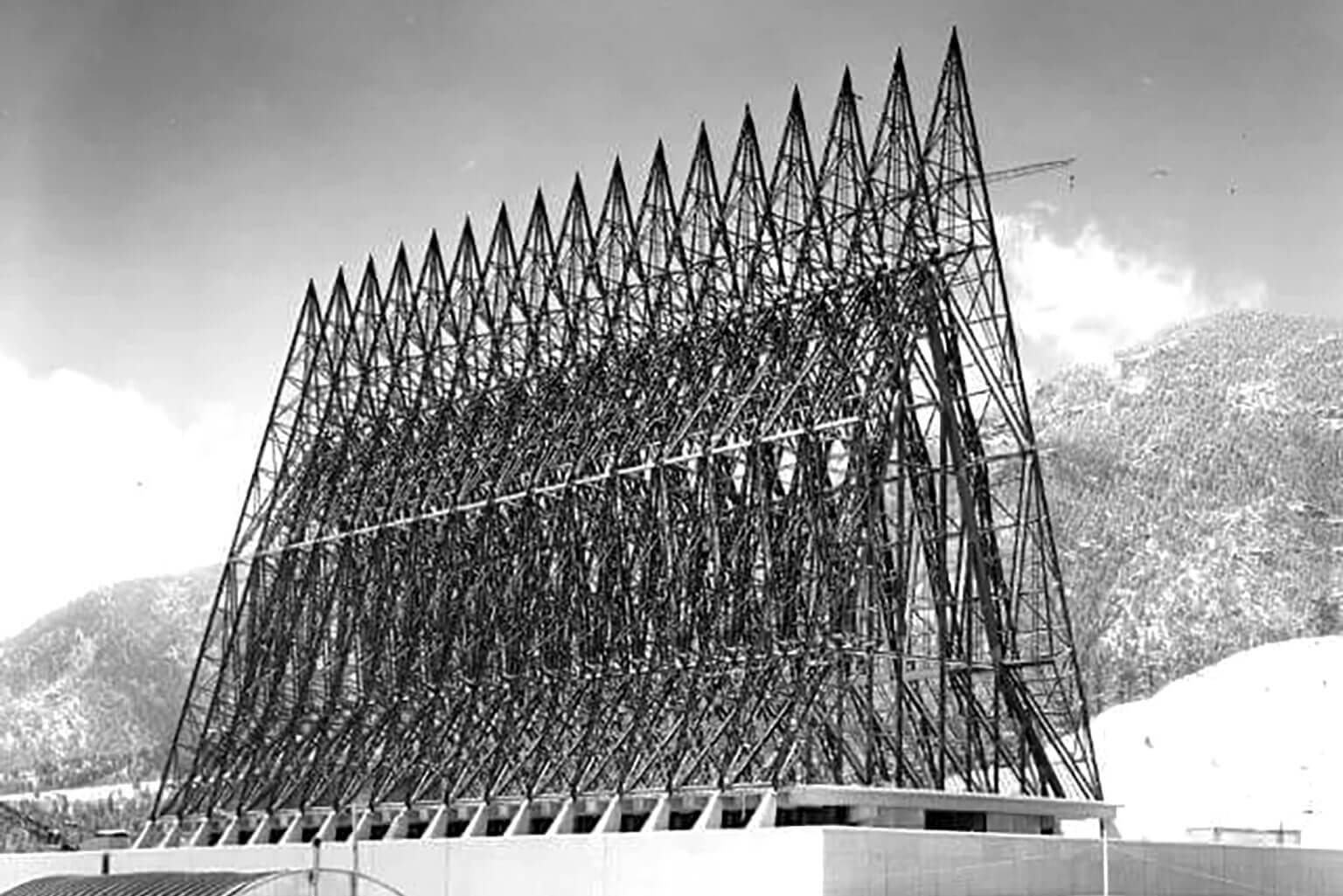 A view of the newly erected metal structure of the U.S. Air Force Academy Cadet Chapel during construction.