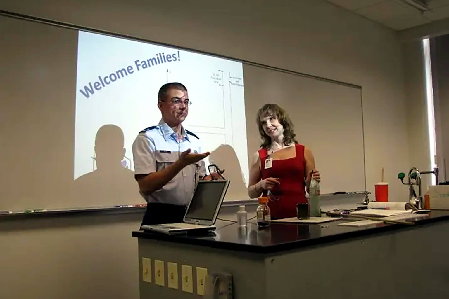 Dr. Kimberly Gardner and one of her sponsor cadets, David Springfield, Class of 2015, during a presentation to parents at the U.S. Air Force Academy.