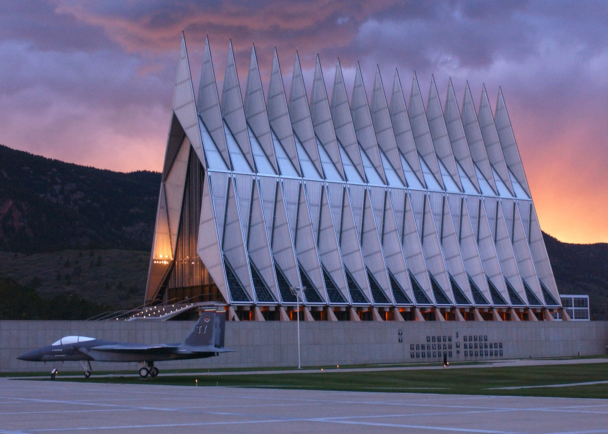 Air Force Academy’s Cadet Chapel at sunset