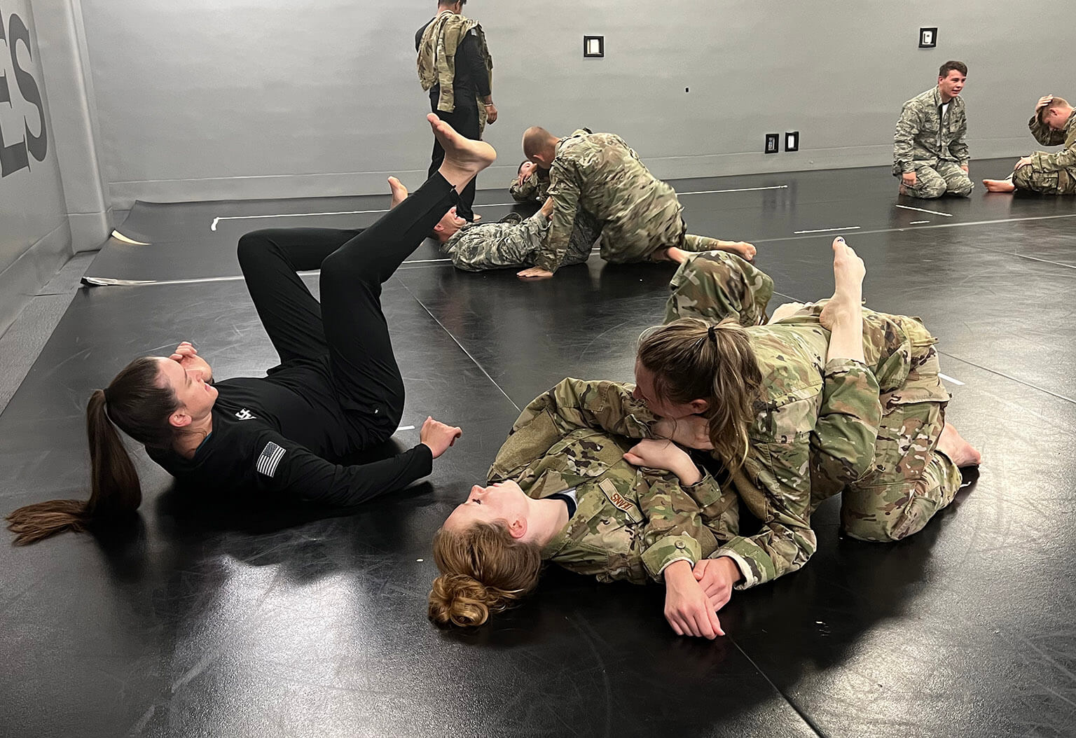 Second class cadets practice hand-to-hand combat techniques during Combatives II at the U.S. Air Force Academy