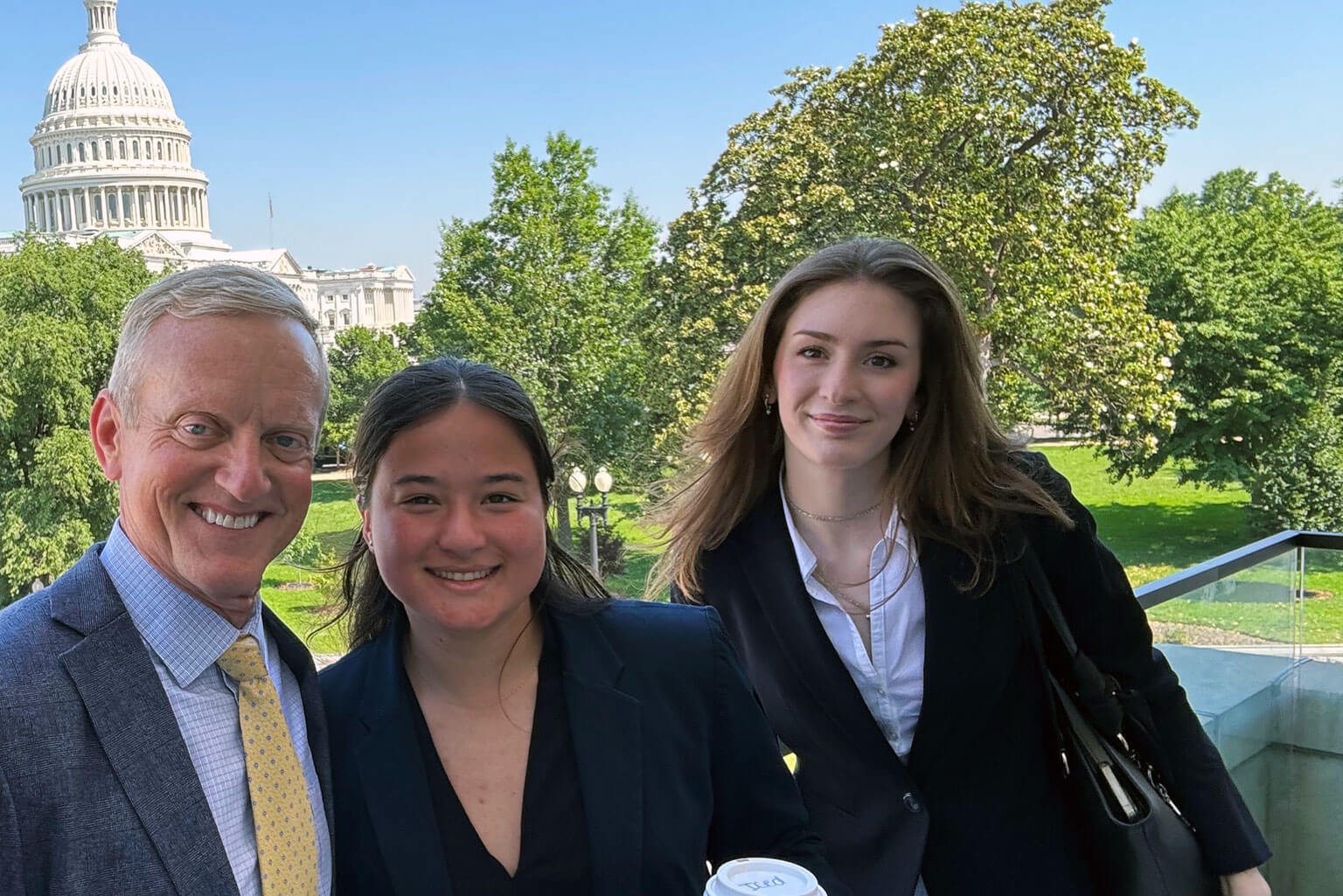 Cadet 1st Class Lily Johnson (center) poses with Paul Huffman (left), director of the Front Range Consortium, and Ava Knox (right), a student at the University of Colorado Colorado Springs, during her Cadet Summer Research Program 2026 experience in Washington, D.C. Johnson participated in research with the Defense Threat Reduction Agency and the National Nuclear Security Administration, examining extended deterrence, force posture in the Indo-Pacific region and the nation’s nuclear enterprise. (Photo courtesy of Lily Johnson)
