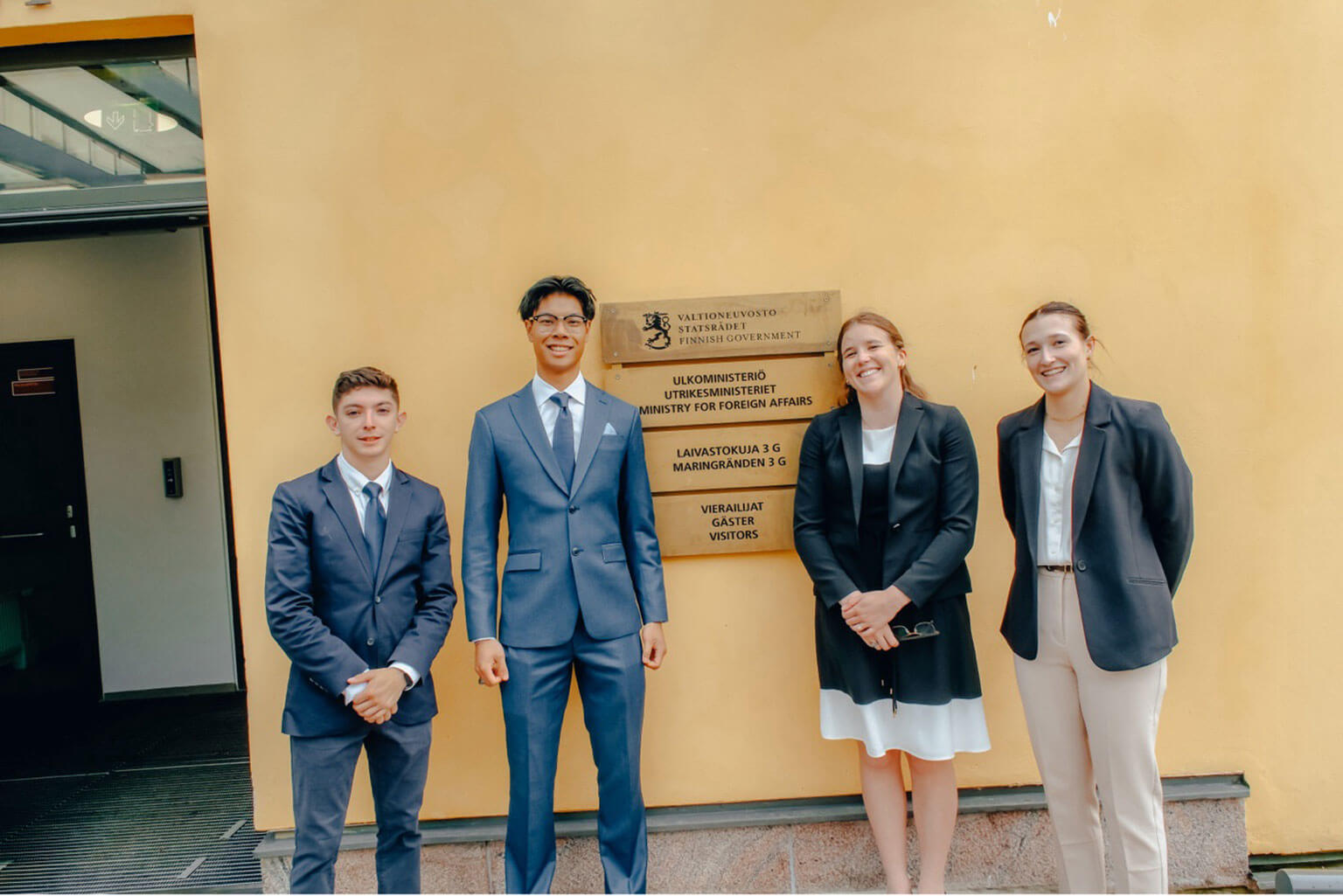 (From left to right) Cadets 1st Class Andrew Katz, Joseph Phetmixay, Maria Davison and Lilliana Turra pose in front of a government building in Helsinki, Finland, June 18, 2025. The cadets interviewed officials from Finland’s Ministry of Foreign Affairs about Finland’s internal posture and nuclear deterrence policy. (Photo courtesy of Cadet 1st Class Andrew Katz)