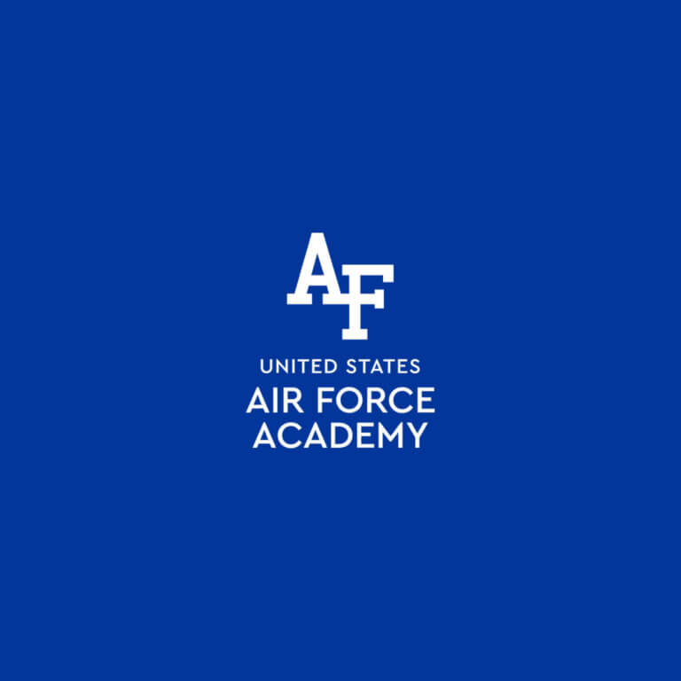 Blue background with bold white letters "AF" above the text "United States Air Force Academy" in a clean, modern font.