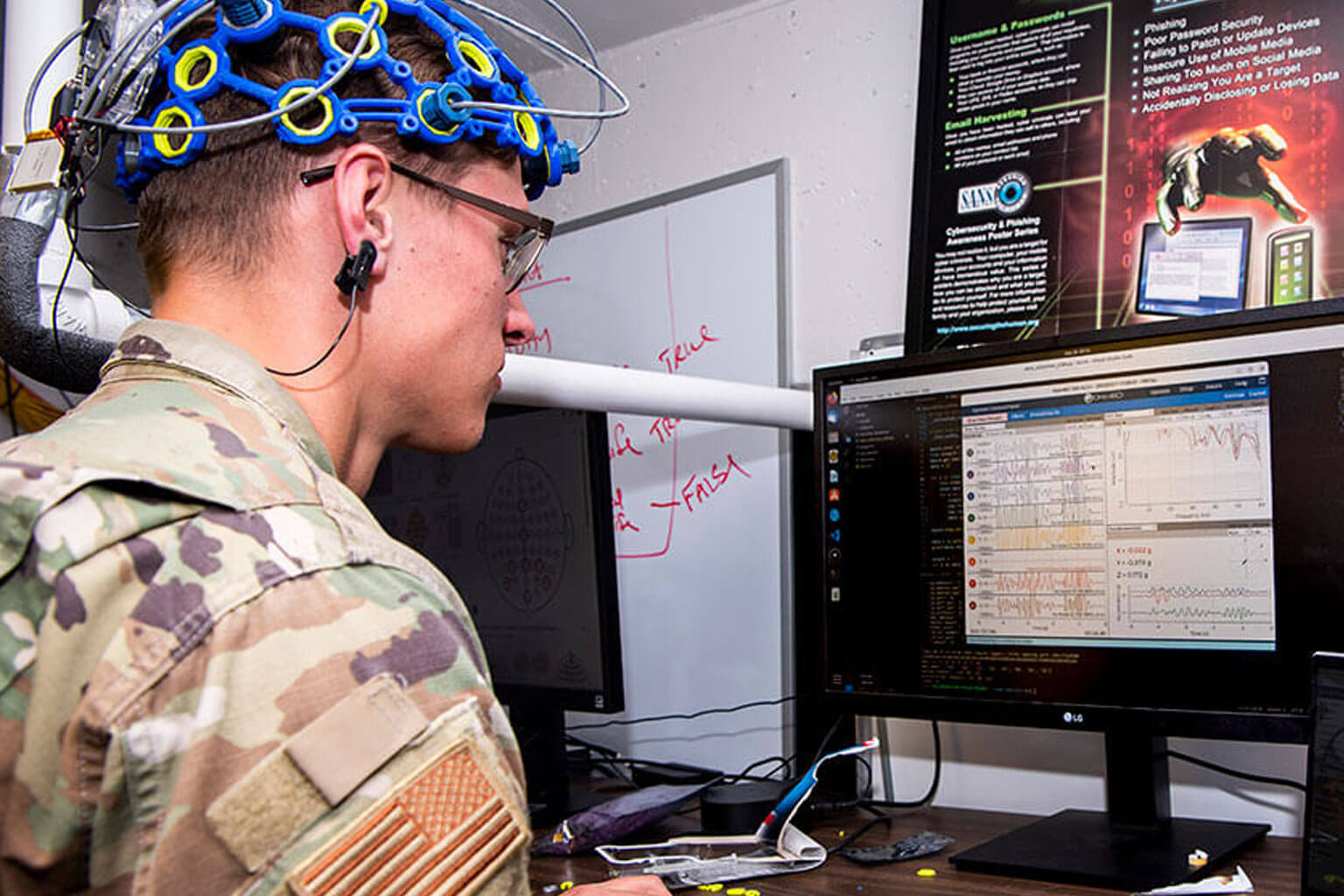 A cadet wears a brainwave monitoring cap and looks at data displayed on a computer screen in a lab setting.