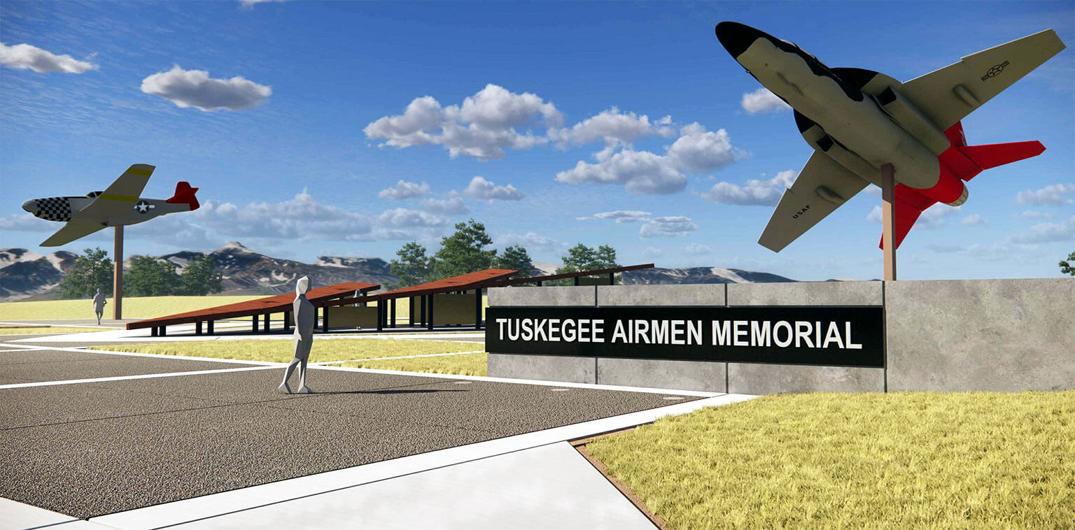 An artist’s rendering of the upcoming Tuskegee Airmen Memorial overlooking Davis Airfield.